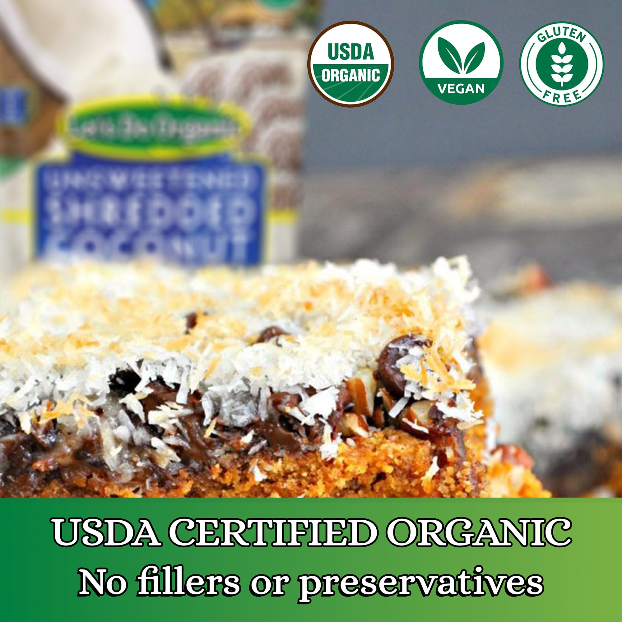 Let's Do Organic shredded coconut unsweetened dessert plate, delicious topping for pies and cookies.