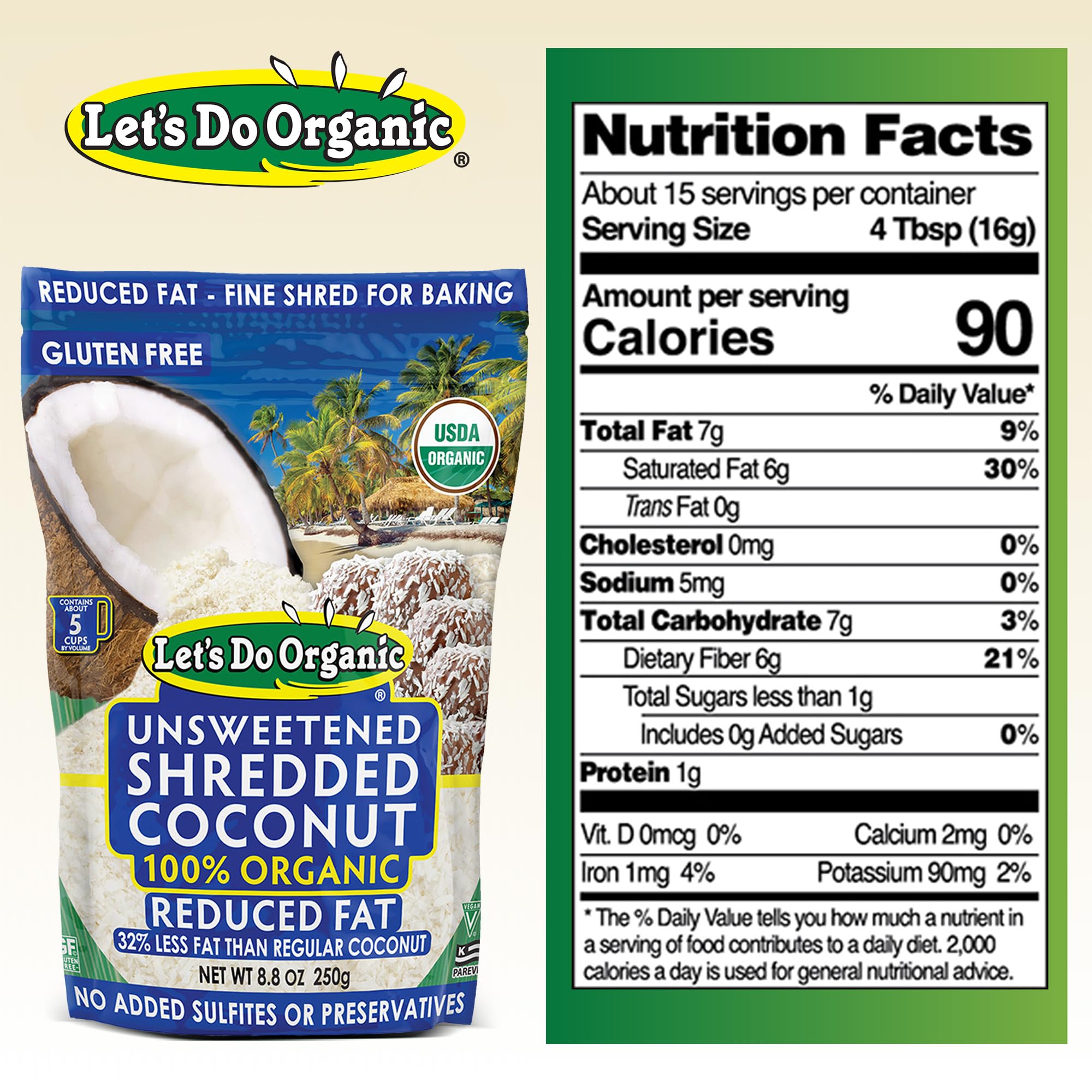 Let's Do Organic shredded coconut unsweetened measuring cup, adds fiber and flavor to smoothies.