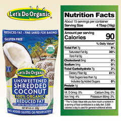 Let's Do Organic shredded coconut unsweetened measuring cup, adds fiber and flavor to smoothies.