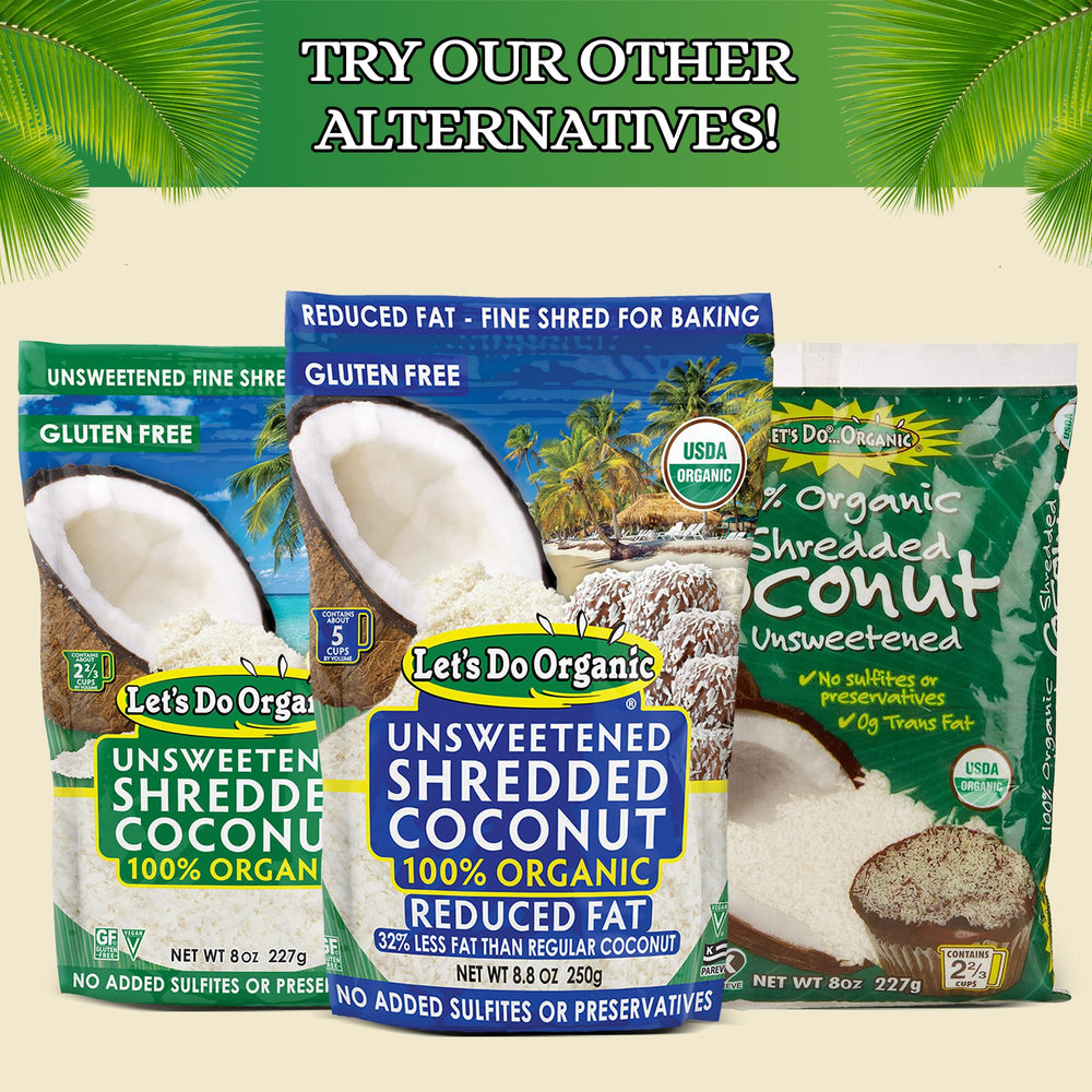 Let's Do Organic shredded coconut unsweetened smoothie bowl, enhances texture and taste in quick snacks.