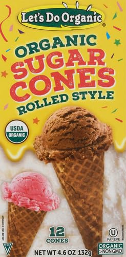 Let's Do Organic sugar cones highlighting vegan and kosher certifications.