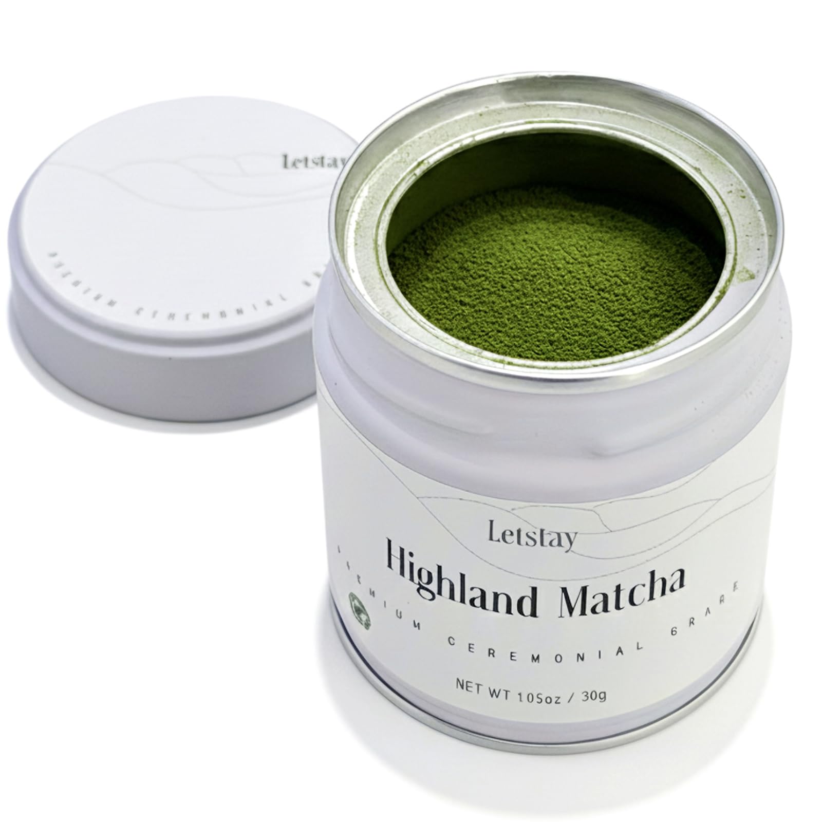 LetStay ceremonial-grade matcha tin front for fresh, premium powder.