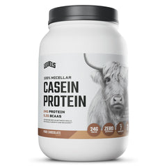 Levels Chocolate Casein scoop displaying protein per serving and no added sugars.