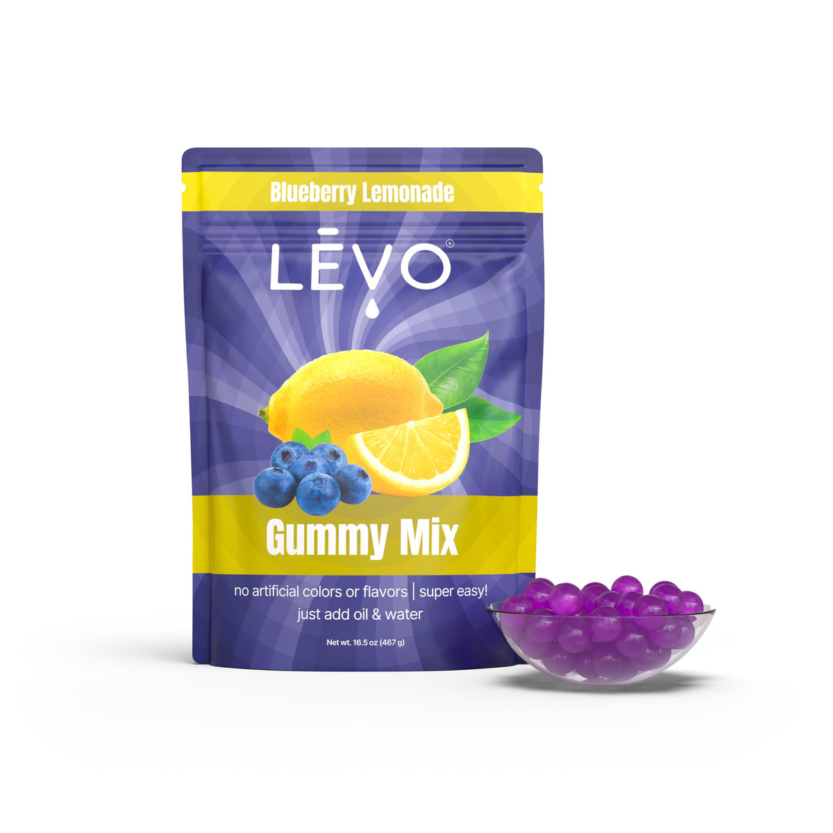 LEVO front packaging showing blueberry lemonade bulk bag and clear product label benefits