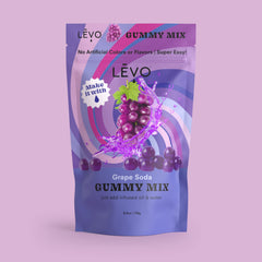 LEVO Gummy Mix grape soda kitchen scene emphasizes natural flavors and easy prep