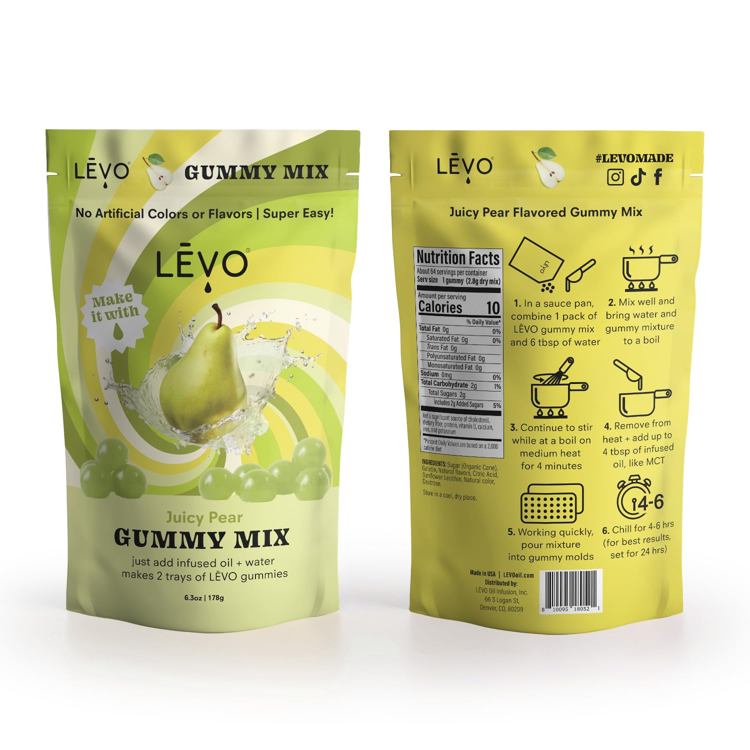 LEVO finished Juicy Pear gummies on tray highlighting color and chew