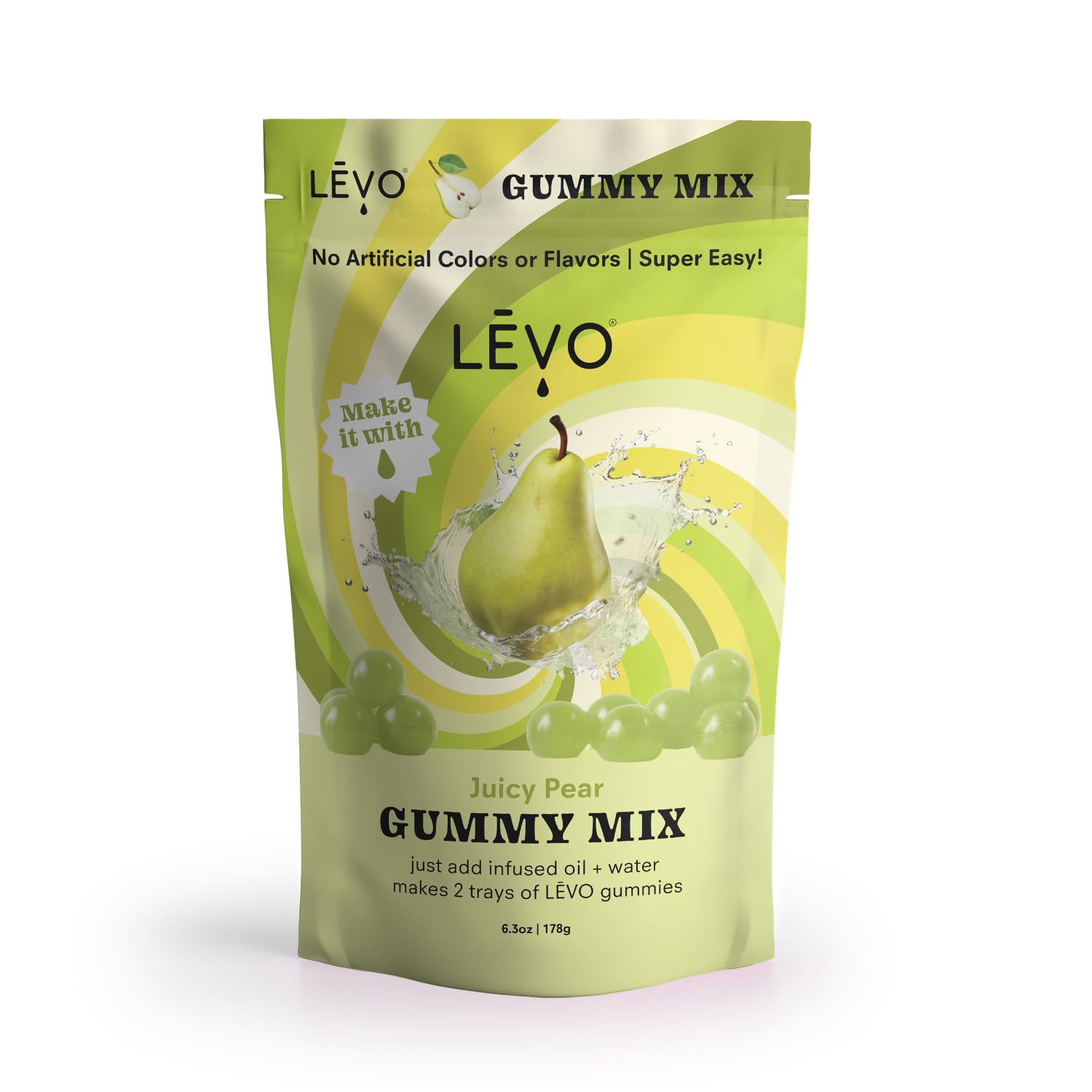 LEVO bag front packaging showing Juicy Pear flavor and yield