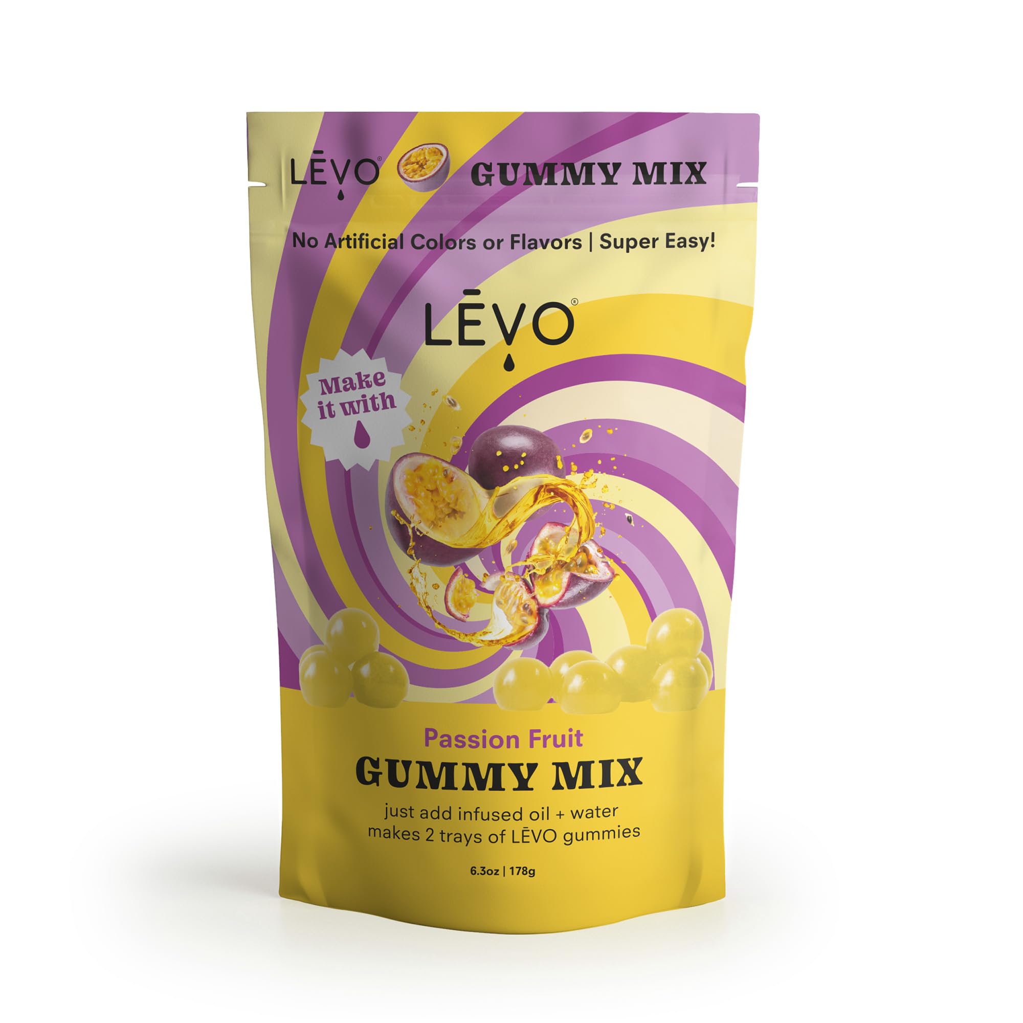 LEVO Gummy Mix Passion Fruit final gummies plate showcases bright color and texture.