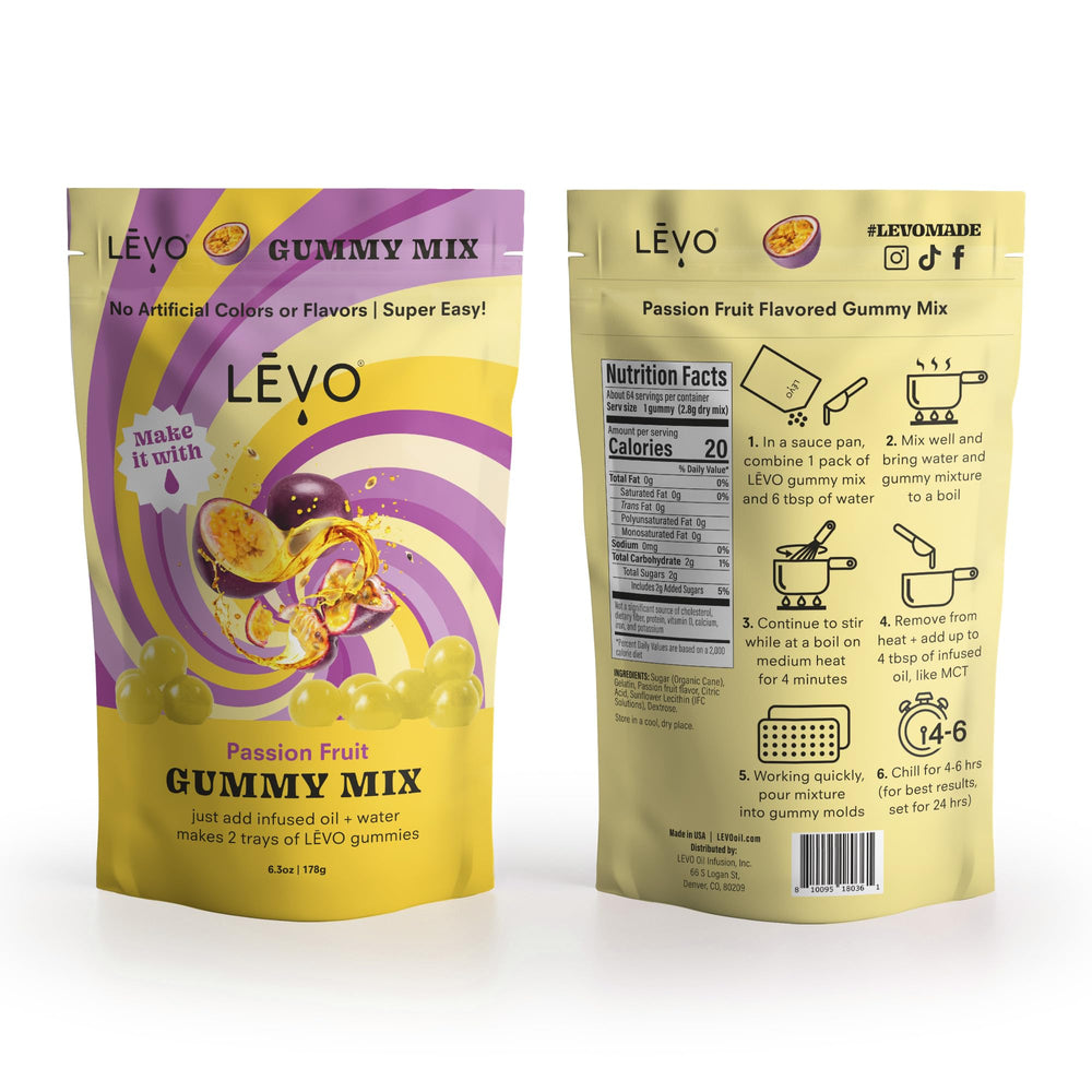 LEVO Gummy Mix Passion Fruit ingredients image highlights customizable potency and vibrant flavor.