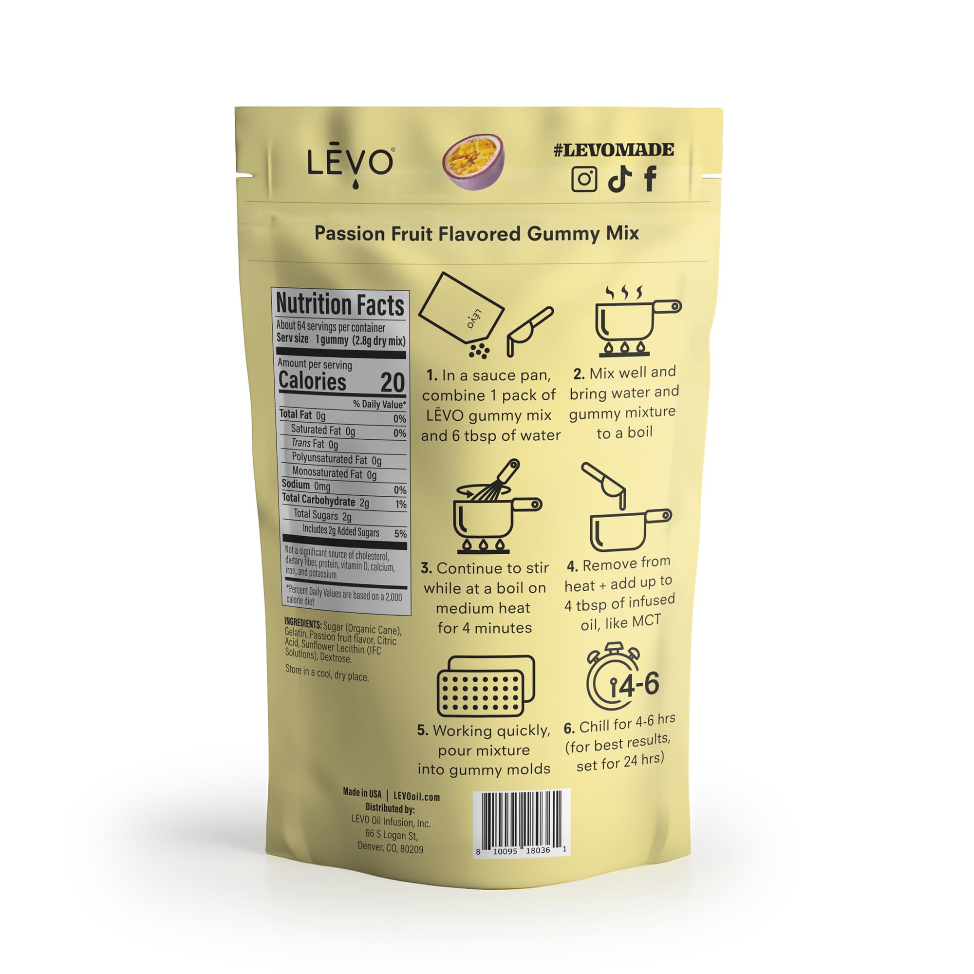 LEVO Gummy Mix Passion Fruit prep with mold shows simple steps for DIY gummies.