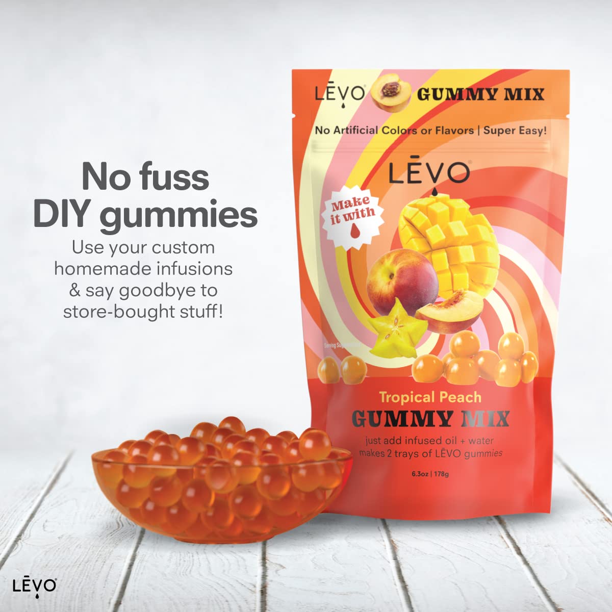 LEVO Gummy Mix Tropical Peach infused oil pairing for potent or mild gummies.