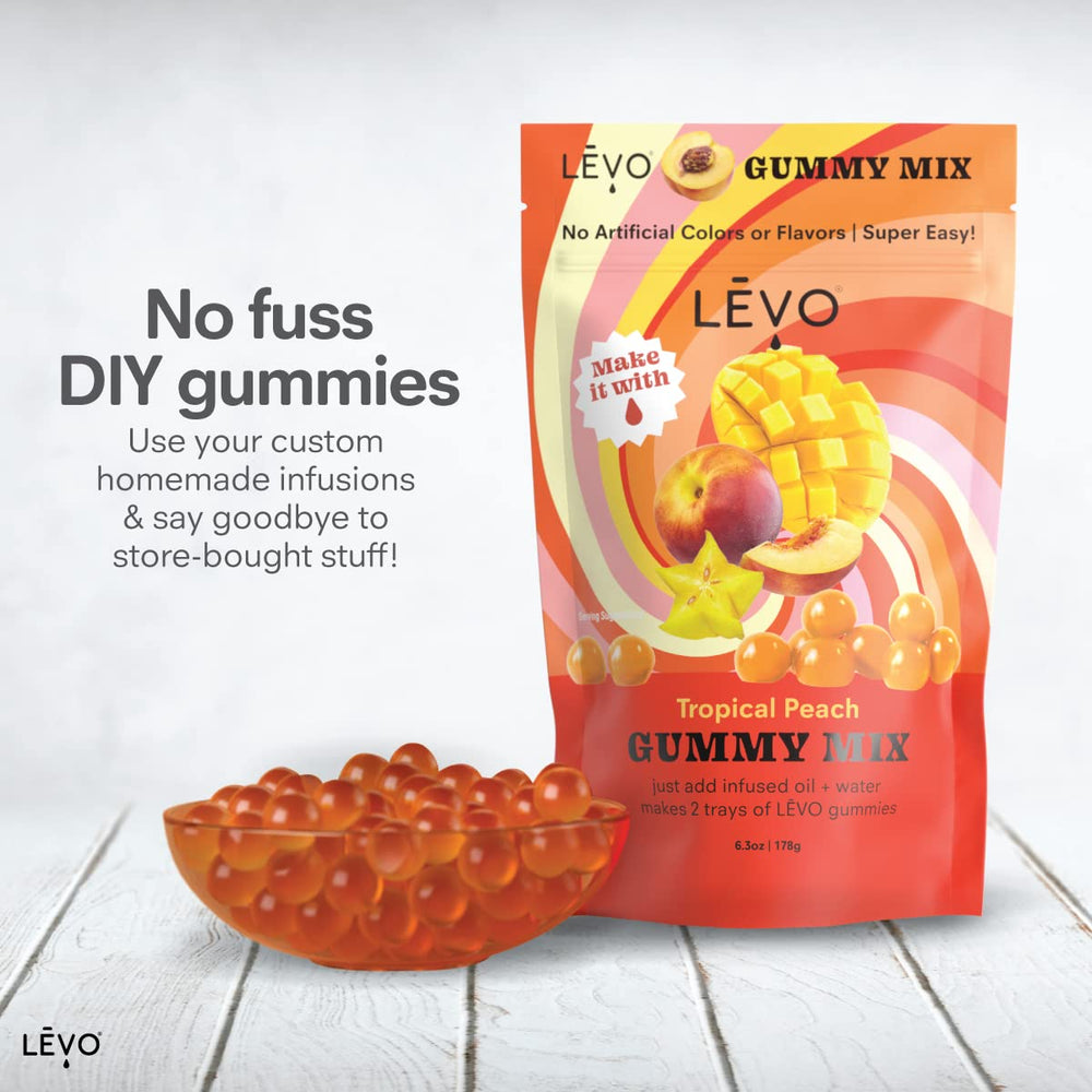 LEVO Gummy Mix Tropical Peach infused oil pairing for potent or mild gummies.