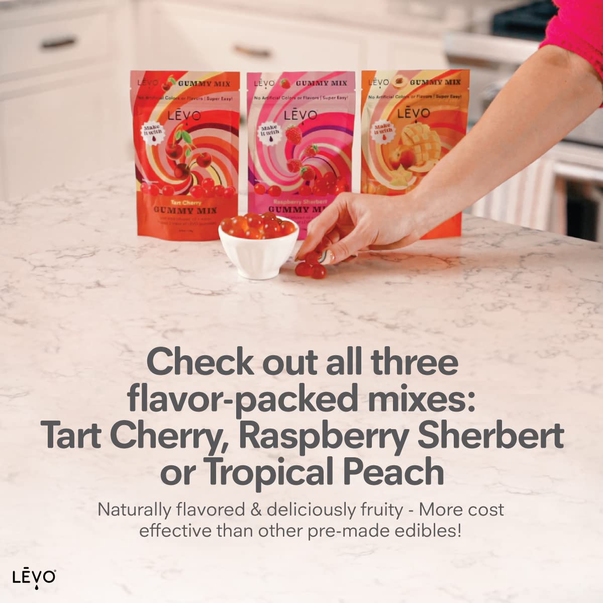 LEVO Gummy Mix Tropical Peach label detail showing natural flavor colors.