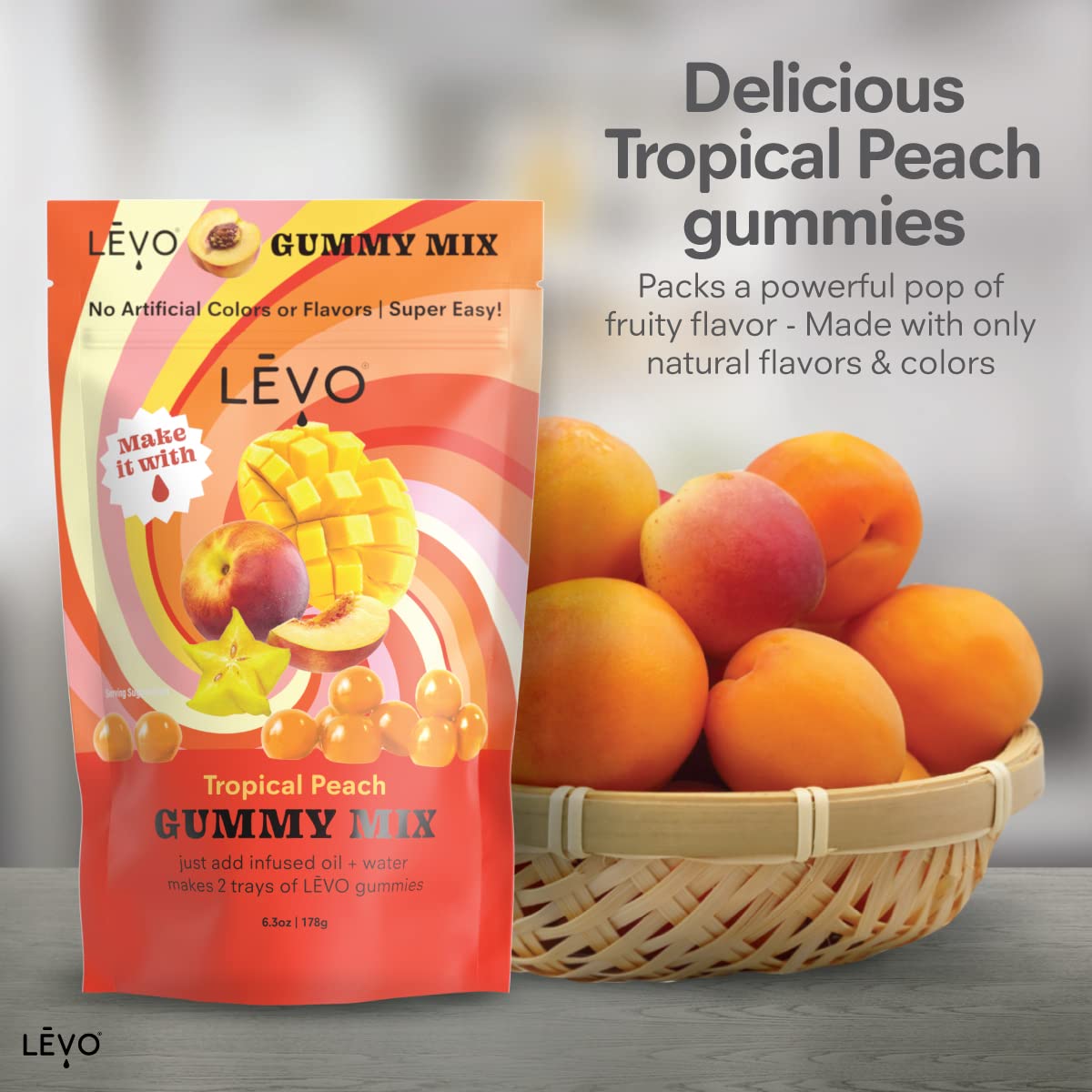 LEVO Gummy Mix Tropical Peach packaging for convenient at-home infusion.