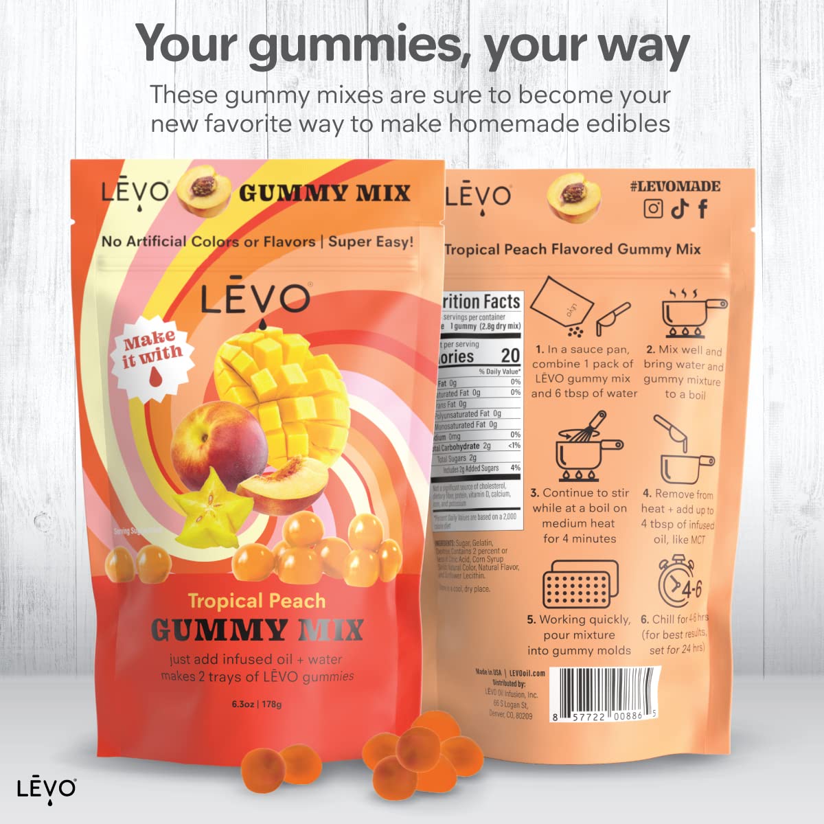 LEVO Gummy Mix Tropical Peach powder enabling quick, reliable gummy preparation.