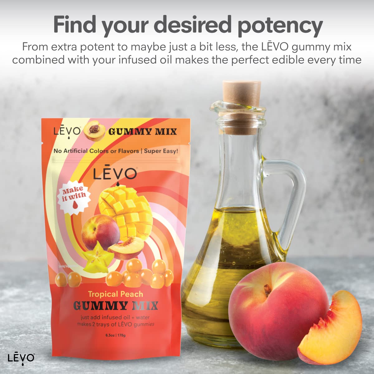 LEVO Gummy Mix Tropical Peach serving tray with ready-to-eat gummies.