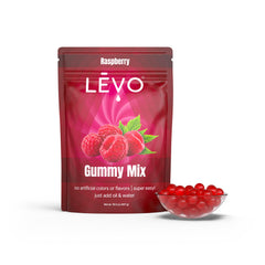 LEVO close-up of raspberry gummy mix powder texture, easy-to-mix and smooth