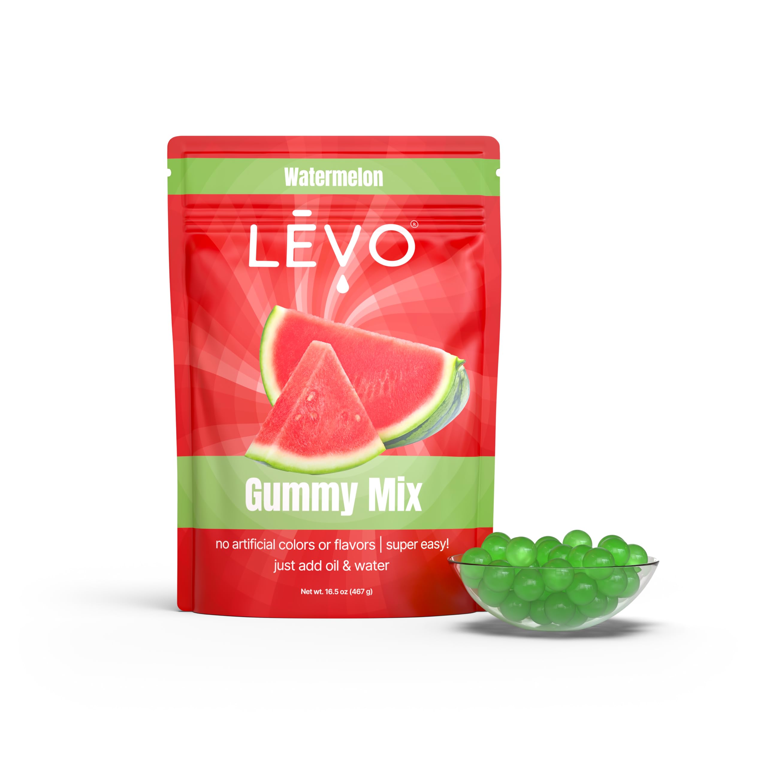 LEVO front packaging of watermelon gummy mix showing bulk bag and yield