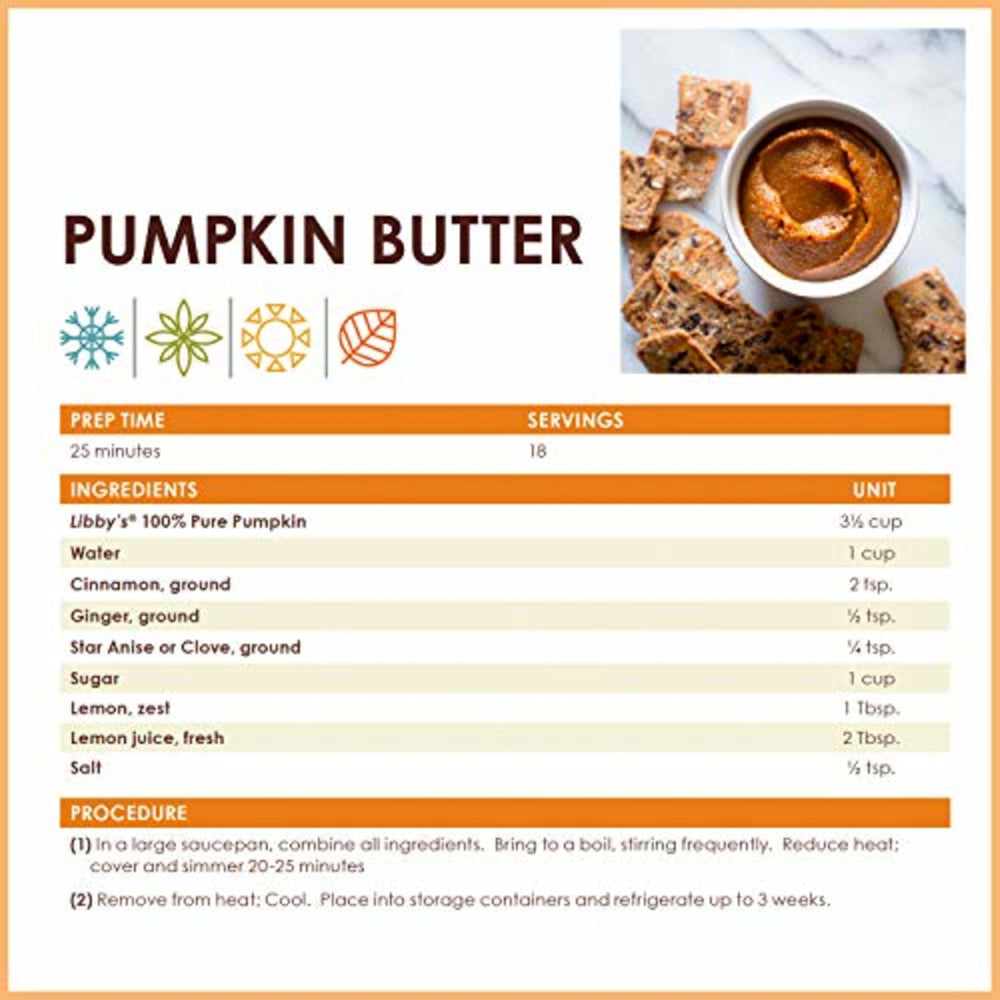 Front label of Libby’s canned pumpkin showing pure pumpkin quality for recipes.