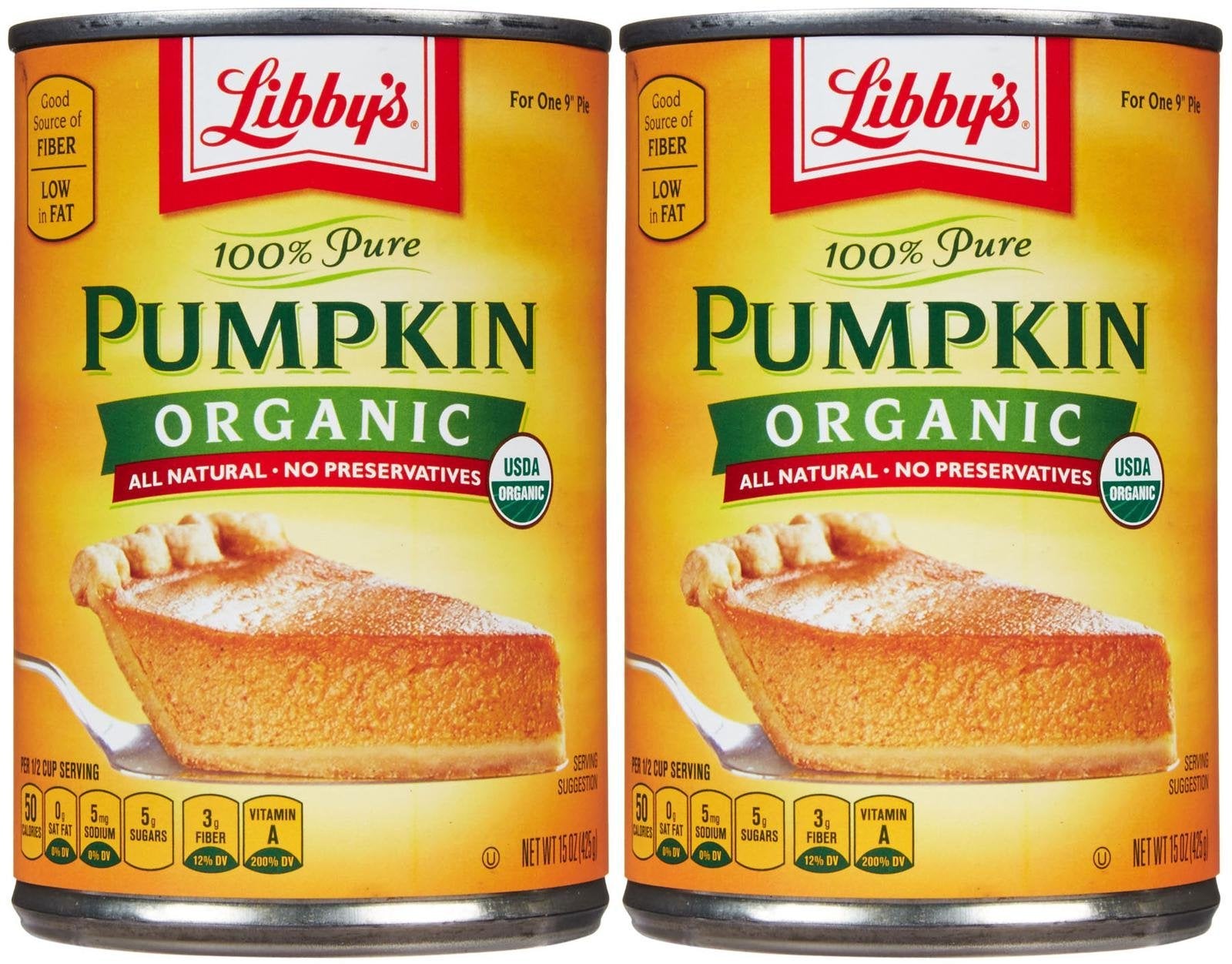 Libby's organic pumpkin front packaging showing 15 oz can and 2-pack convenience for baking