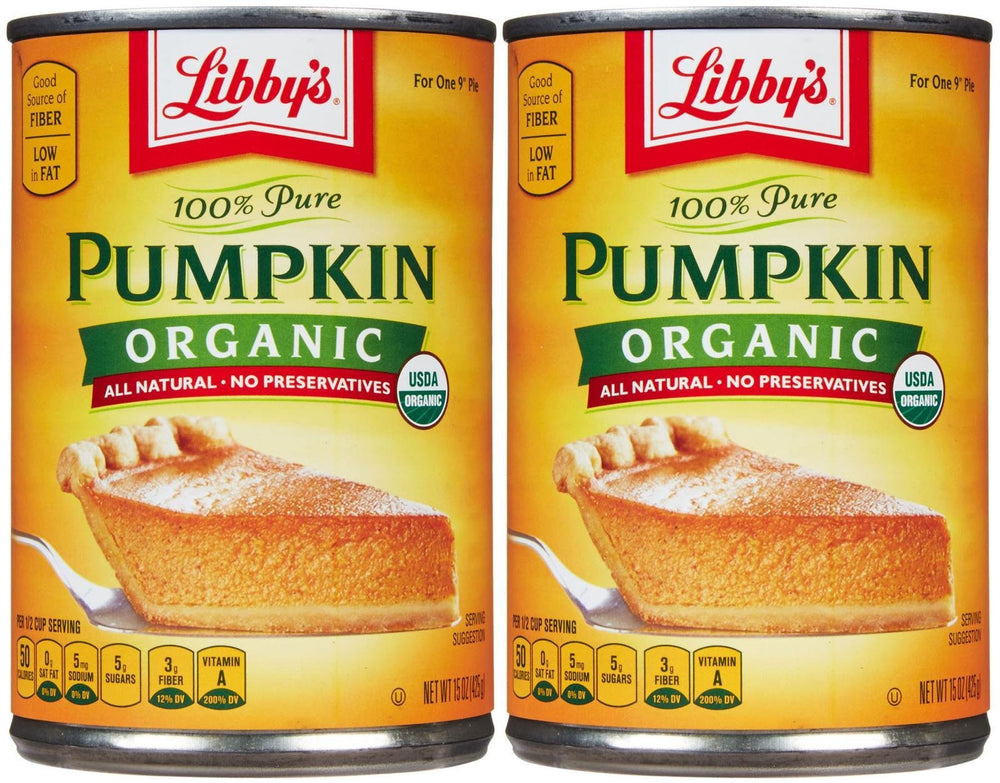 Libby's organic pumpkin front packaging showing 15 oz can and 2-pack convenience for baking