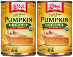 Libby's organic pumpkin front packaging showing 15 oz can and 2-pack convenience for baking