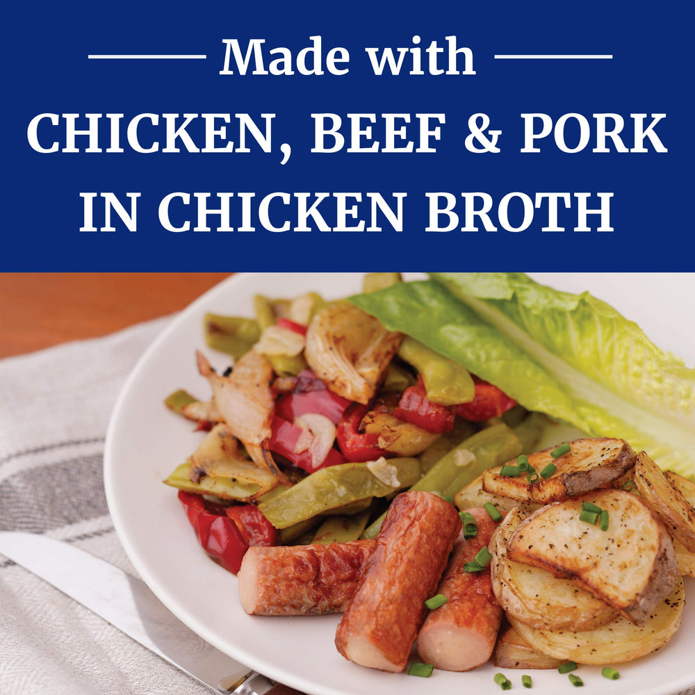 Libby's open can top view with sausages in broth, ready-to-eat convenience