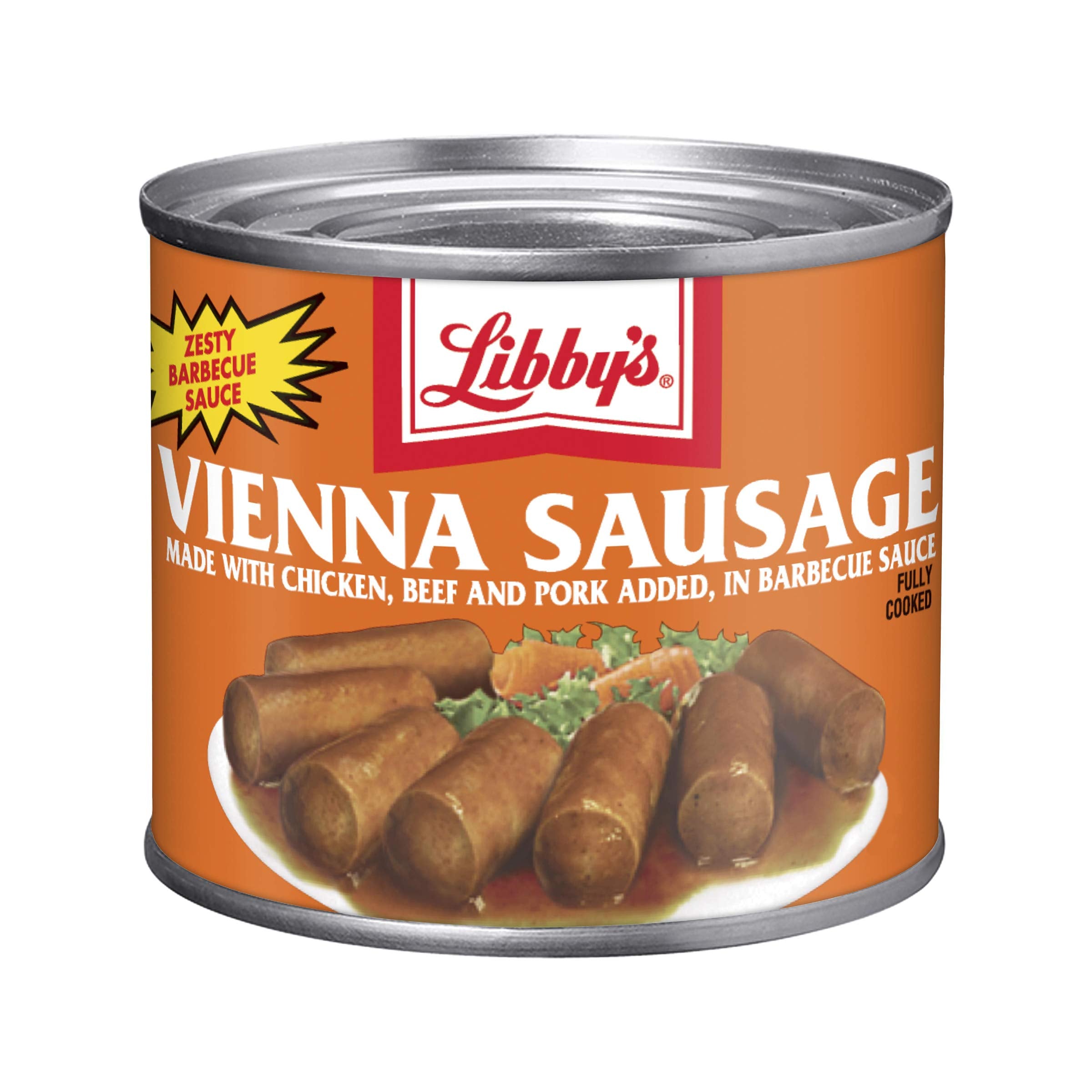 Libby's front of can showing barbecue sausage label and easy storage benefit
