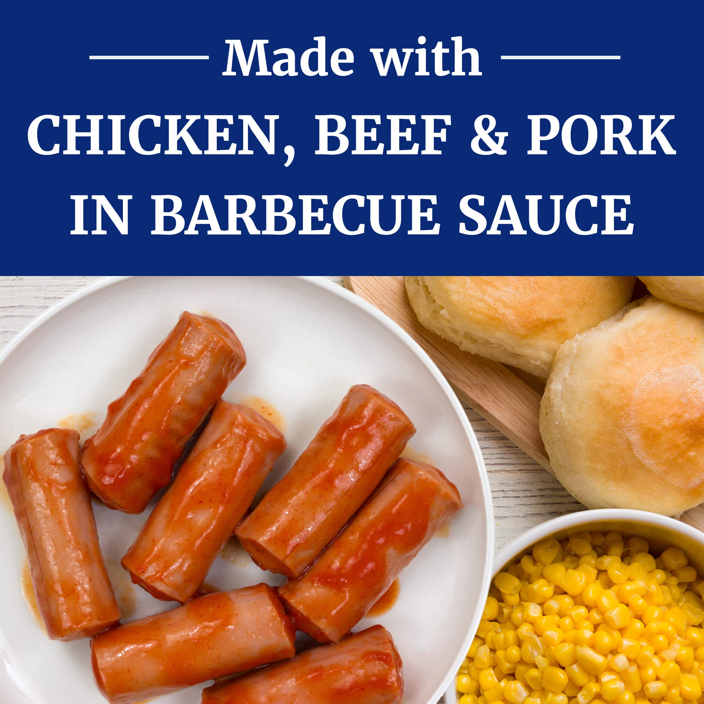Libby's open can displaying sausages in barbecue sauce for quick serving