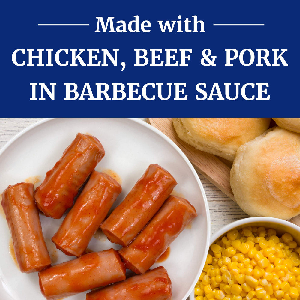 Libby's open can displaying sausages in barbecue sauce for quick serving