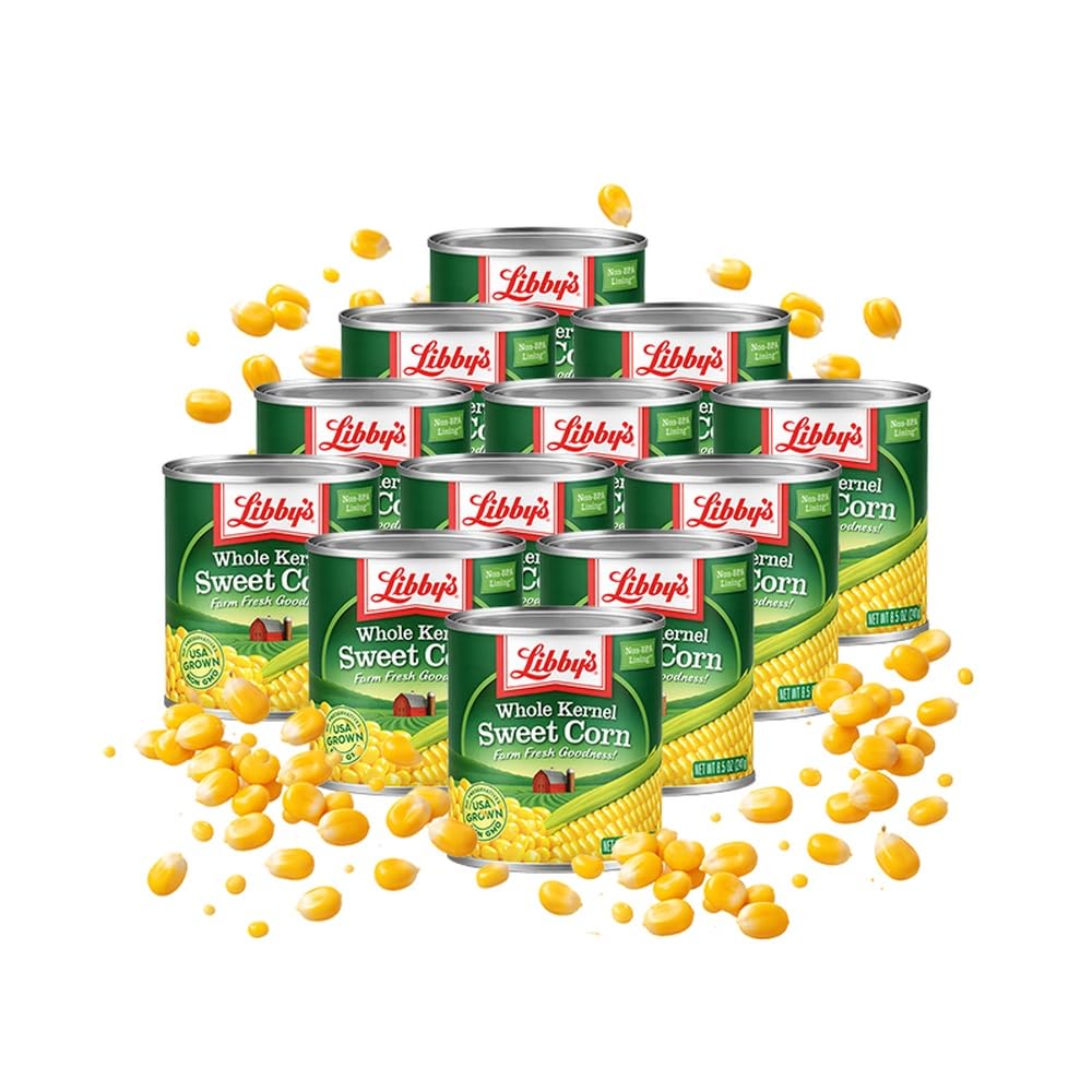 Libby's whole kernel sweet corn can showing vibrant golden color, ideal for quick family meals.