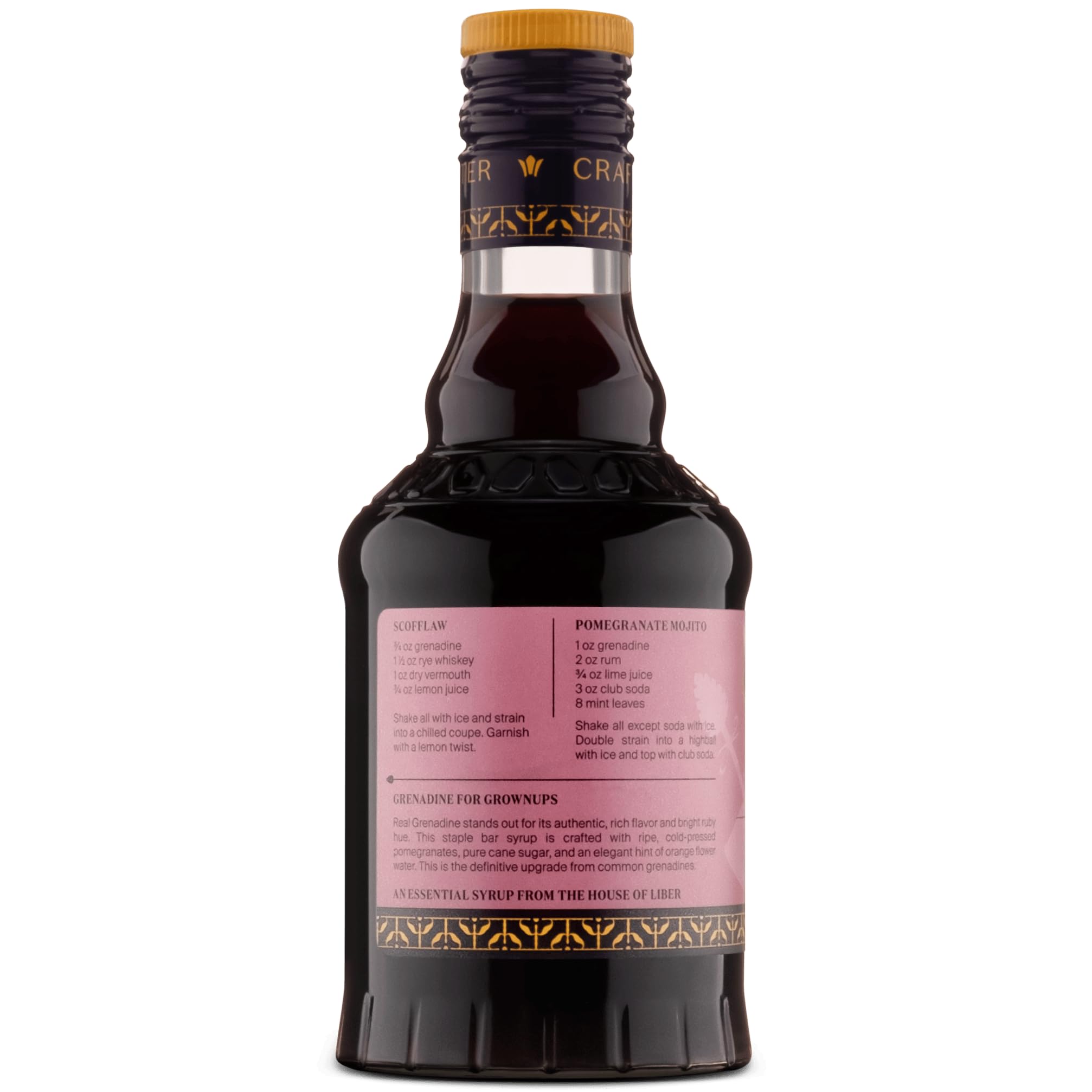 Liber & Co. Real Grenadine bottle-label close, showcasing natural ingredients and no dyes.
