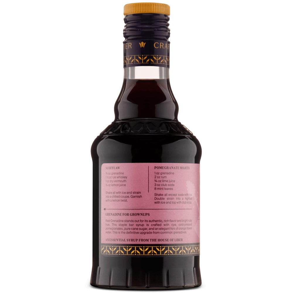 Liber & Co. Real Grenadine bottle-label close, showcasing natural ingredients and no dyes.