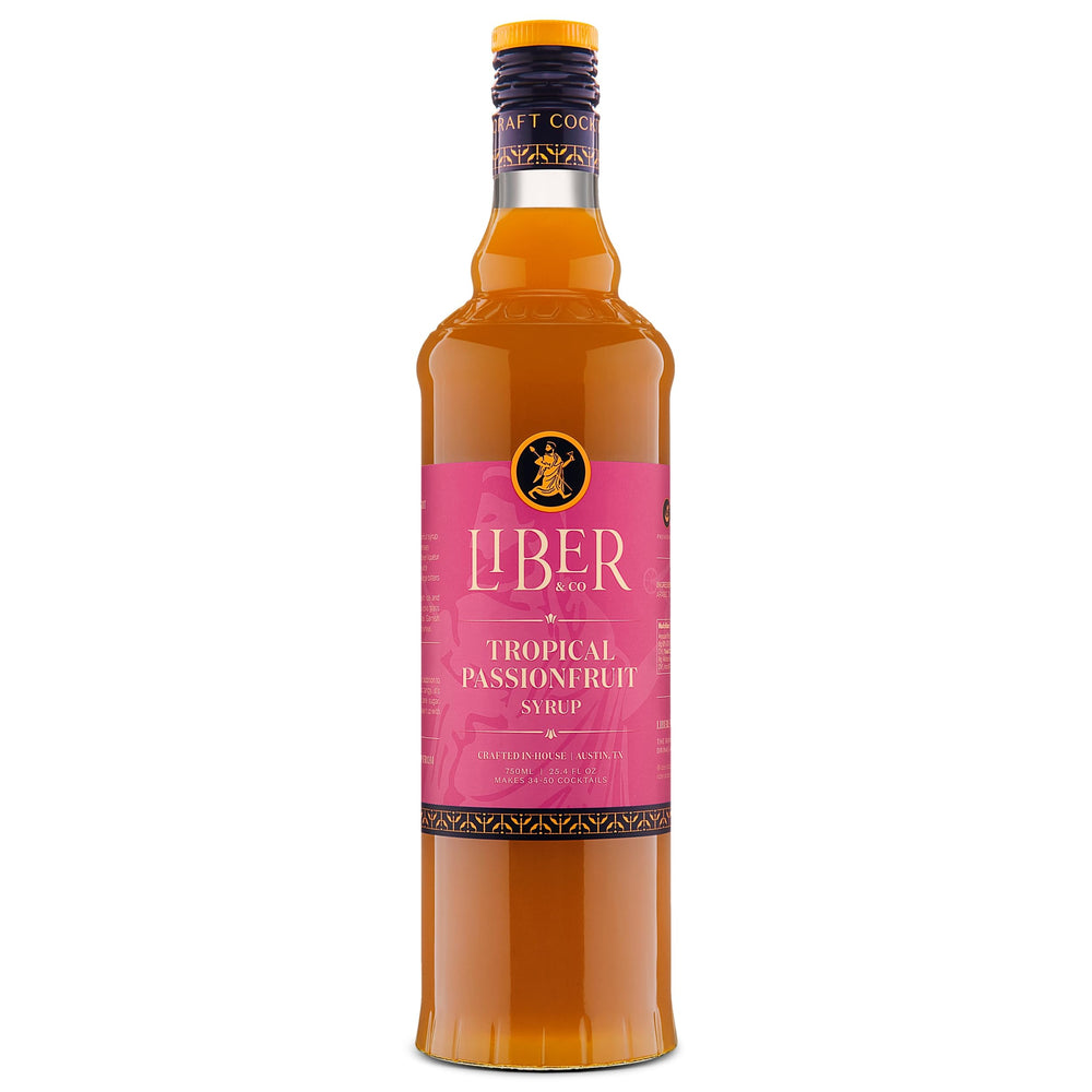 Liber & Co Tropical Passion Fruit Syrup bottle ready for bright tiki cocktails at home.