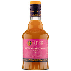 Liber & Co. Tropical Passion Fruit Syrup bottle highlighting authentic flavor for cocktails and sodas.