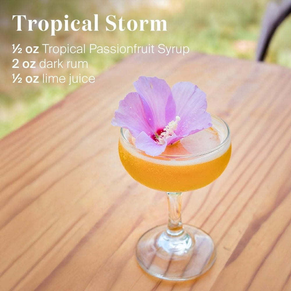 Liber & Co Tropical Passion Fruit Syrup cocktail glass with vibrant color for tropical drinks.