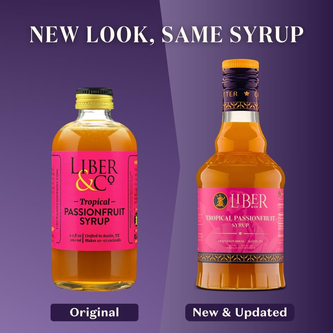 Liber & Co Tropical Passion Fruit Syrup label closeup highlighting authentic flavor.