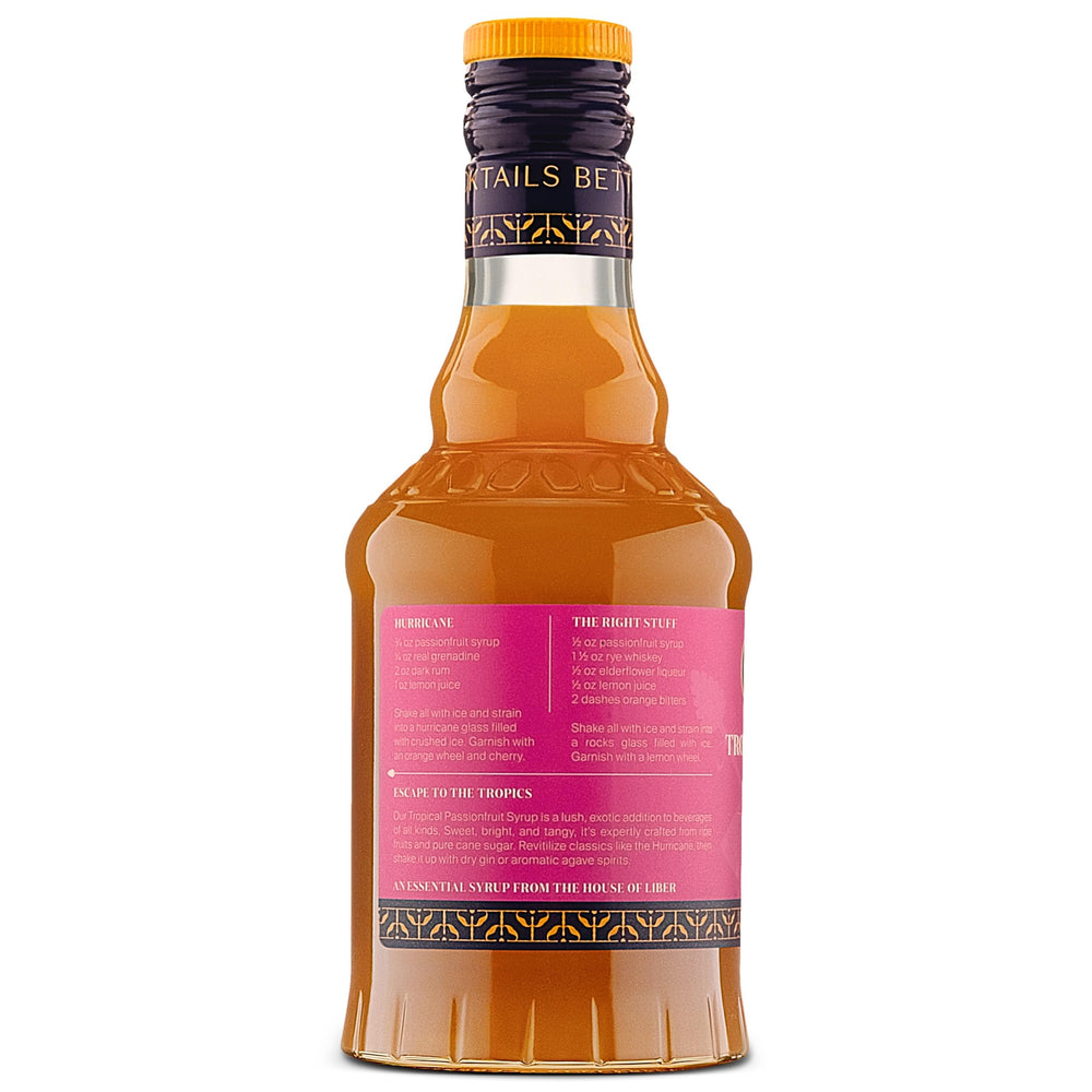 Liber & Co. Tropical Passion Fruit Syrup beside a margarita glass for craft cocktail use.