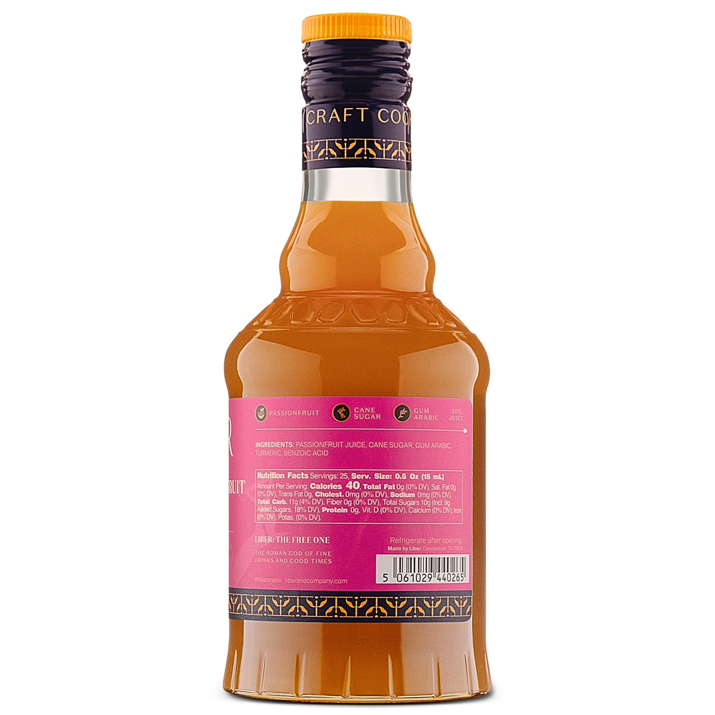 Liber & Co. Tropical Passion Fruit Syrup on a home bar scene, showcasing versatile soda and mocktail uses.