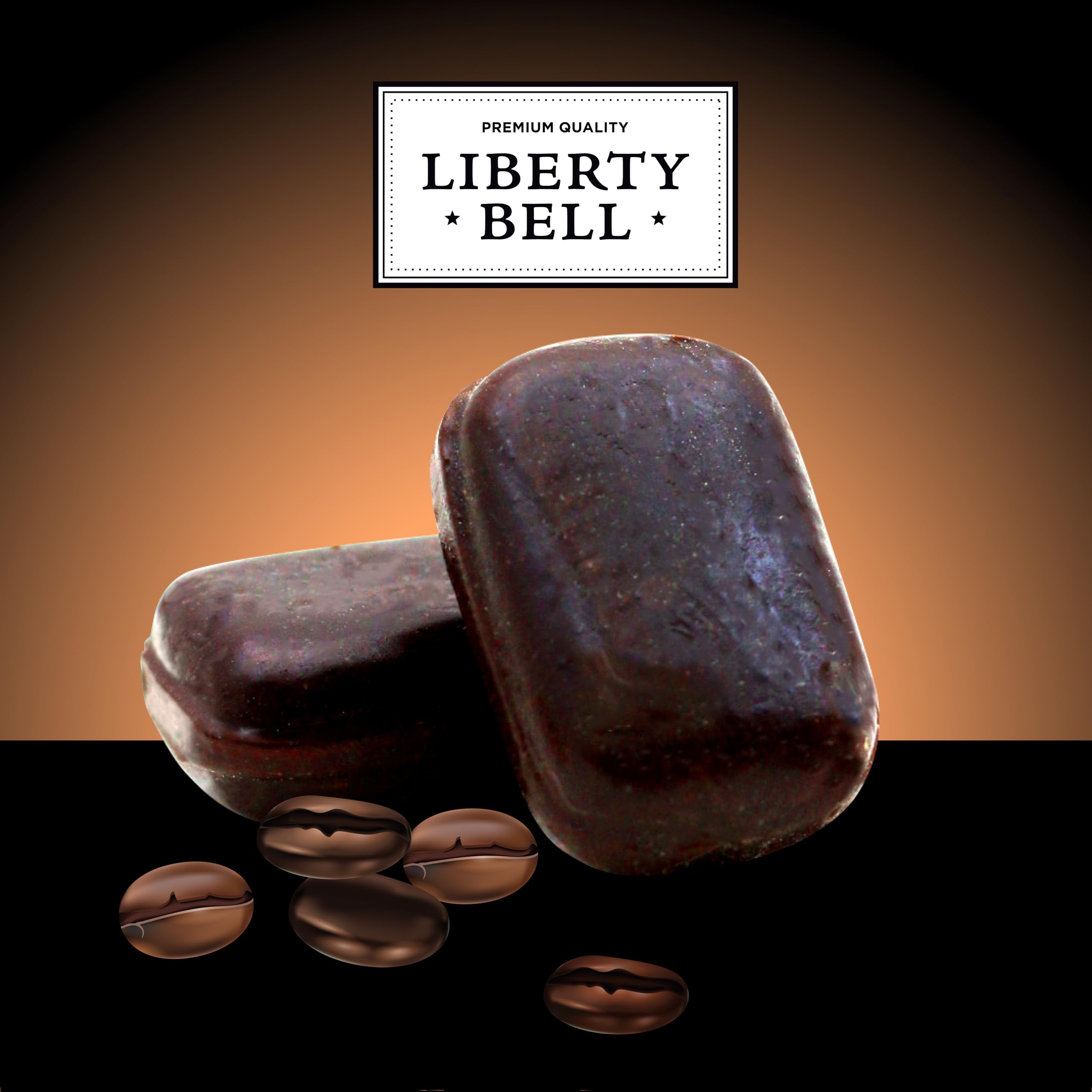 LIBERTY BELL Brazilian coffee candy displayed in a desk jar with glossy wrappers.