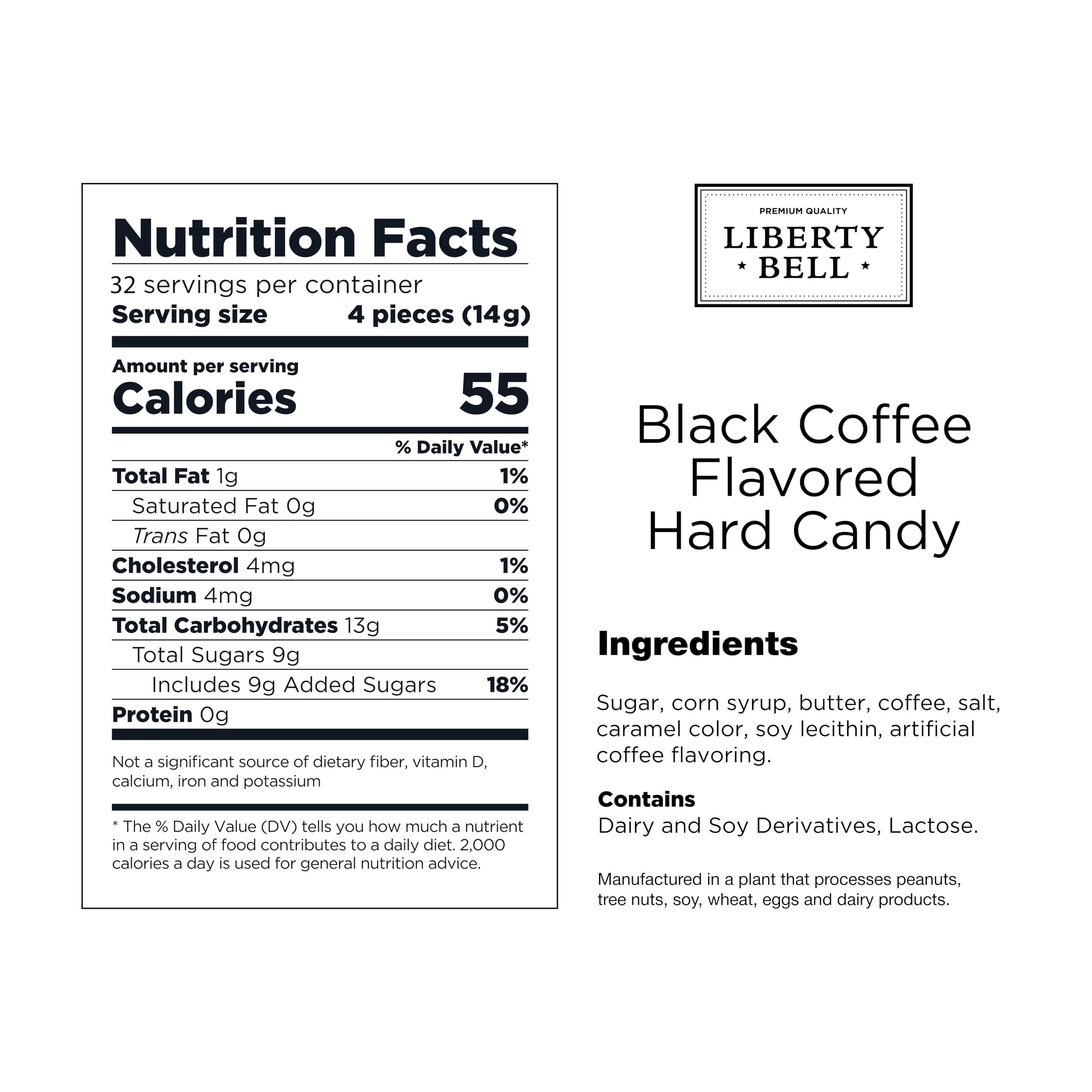 LIBERTY BELL coffee candy, individually wrapped for travel and office snacking.