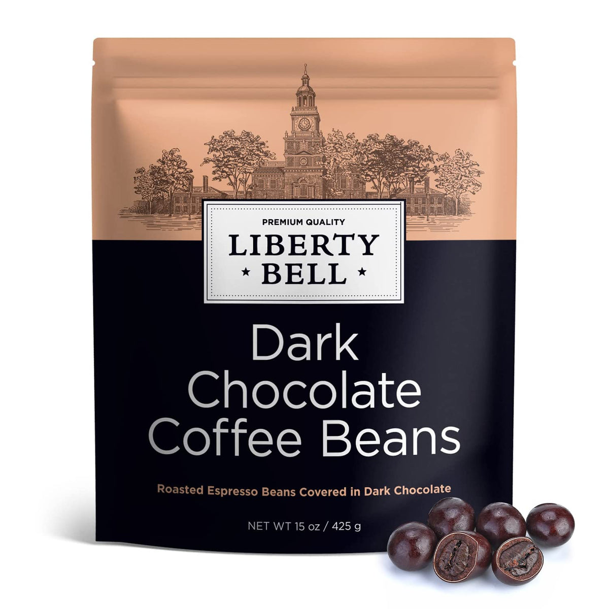 LIBERTY BELL dark chocolate espresso beans in a 15oz bag for a premium snack