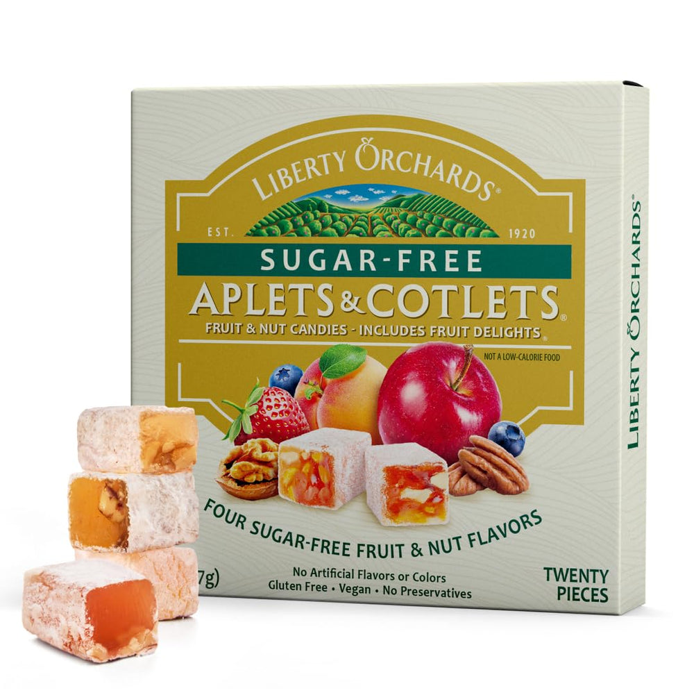 Liberty Orchards Aplets & Cotlets Apple & Walnut slice, sugar-free vegan bite for snacking.