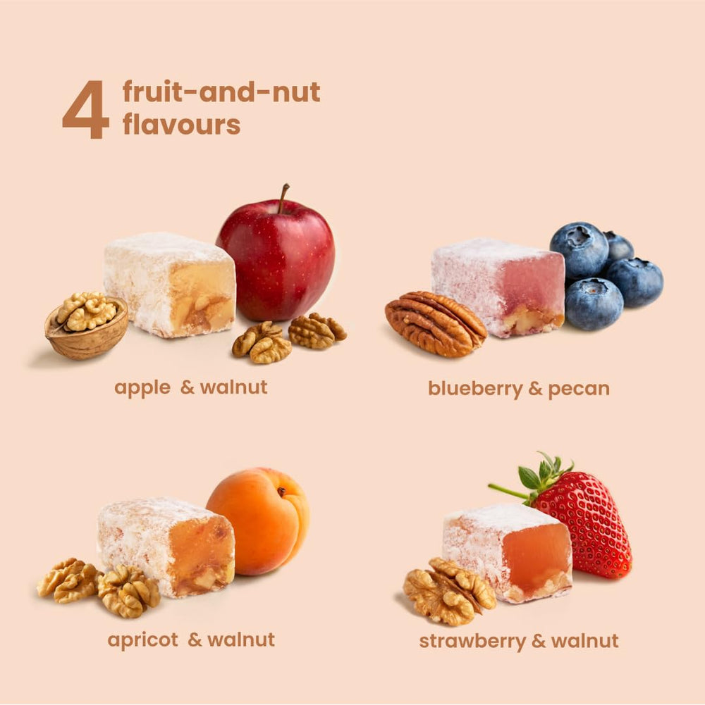 Liberty Orchards Aplets & Cotlets Blueberry & Pecan bite, sugar-free fruity delight.