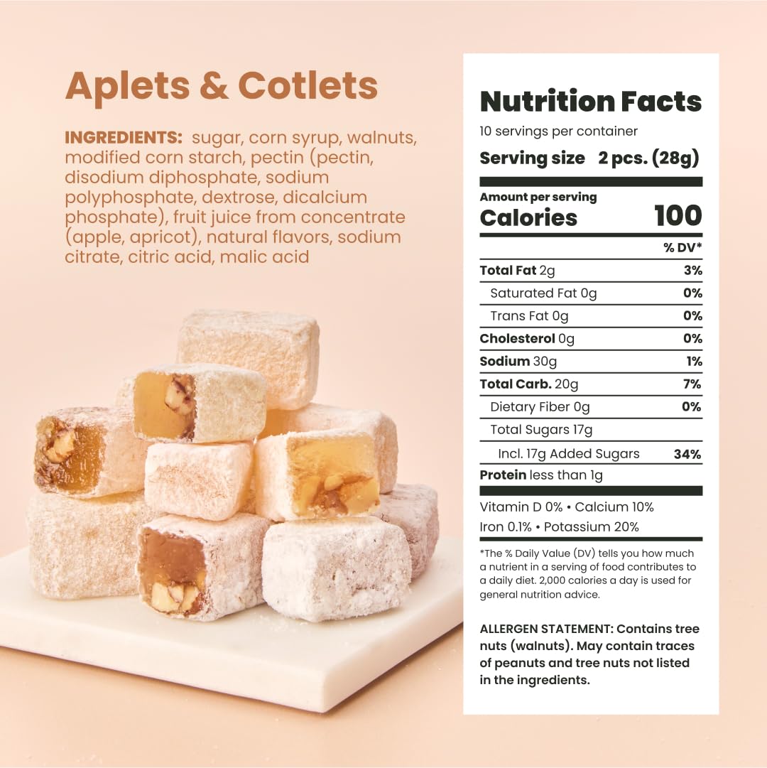 Liberty Orchards Aplets & Cotlets close-up of fruit and nuts, vibrant texture and flavor.