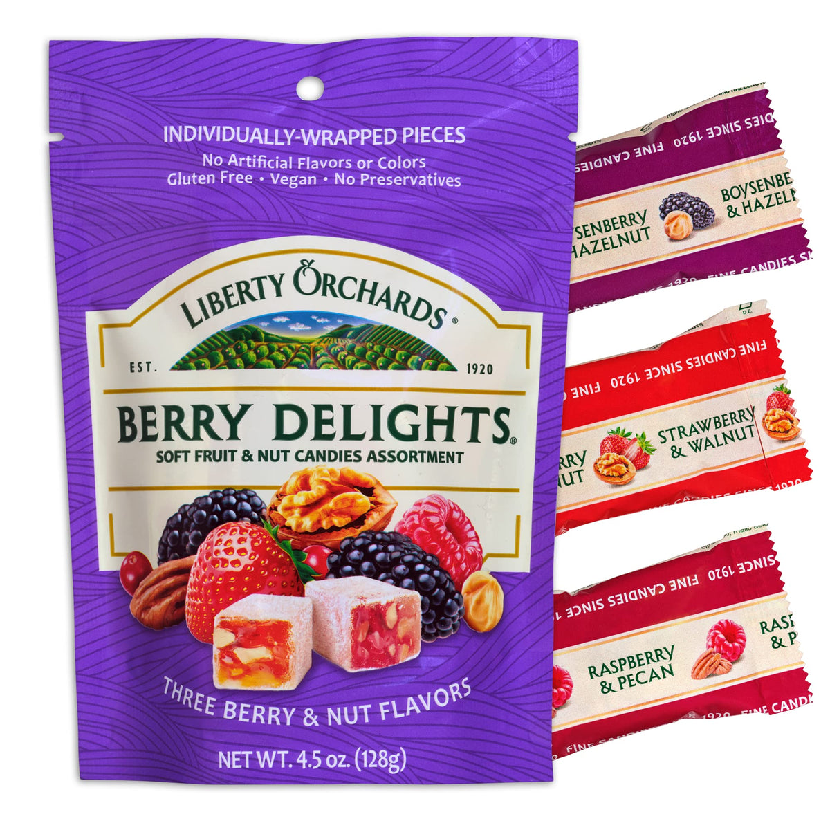 Liberty Orchards Berry Delights Raspberry-Pecan image showing vibrant vegan candy and shareable packaging