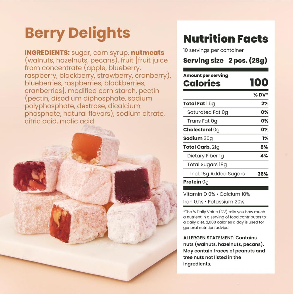 Liberty Orchards blueberry-conserve Turkish delight offers a soft berry bite for dessert moments.