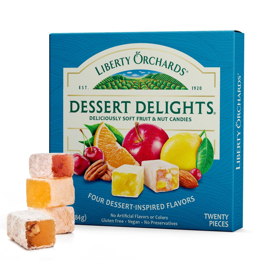 Liberty Orchards Dessert Delights Turkish delight pack on a serving board, ideal for gifting.