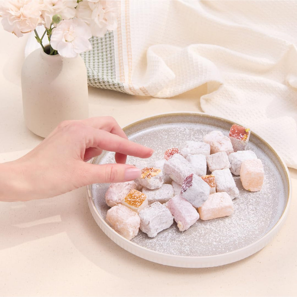 Liberty Orchards Turkish Delight assorted flavors close-up, colorful box ideal for sharing.