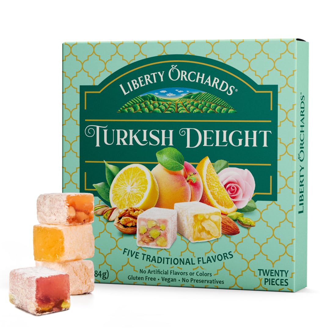 Liberty Orchards Turkish Delight orange blossom almond close-up, fruity dairy-free snack for anytime.